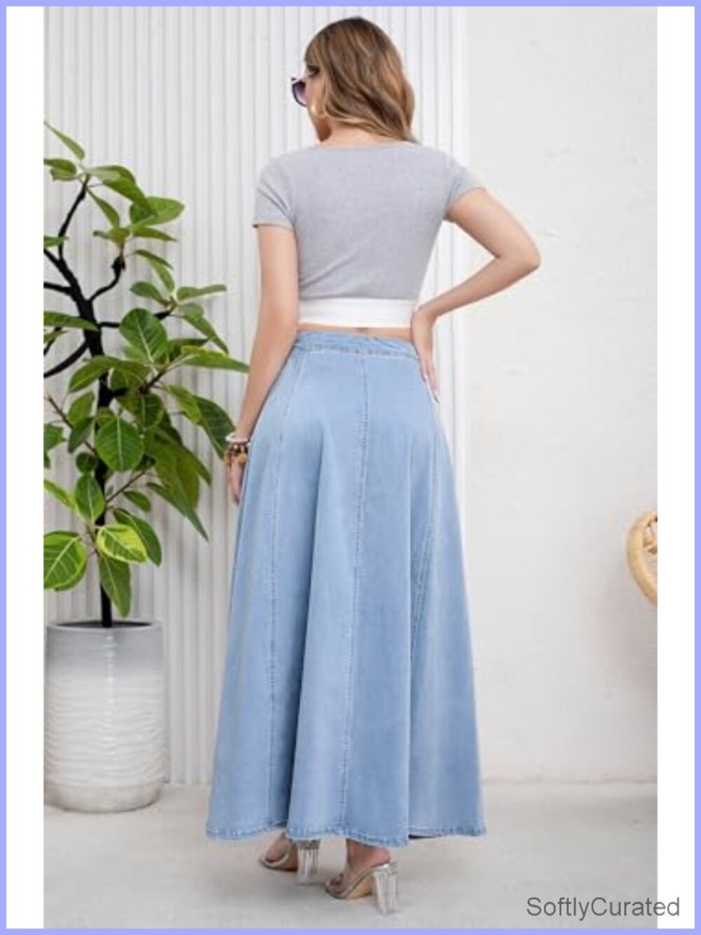 Retro High Waisted Flared Denim Maxi Skirt Pleated A-Line Swing - Picture 5 of 6